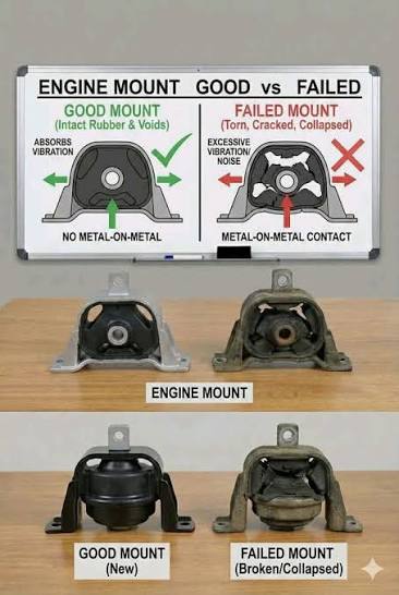 Good vs bad engine mount comparison showing new and failed engine mounts with vibration and metal-to-metal contact symptoms